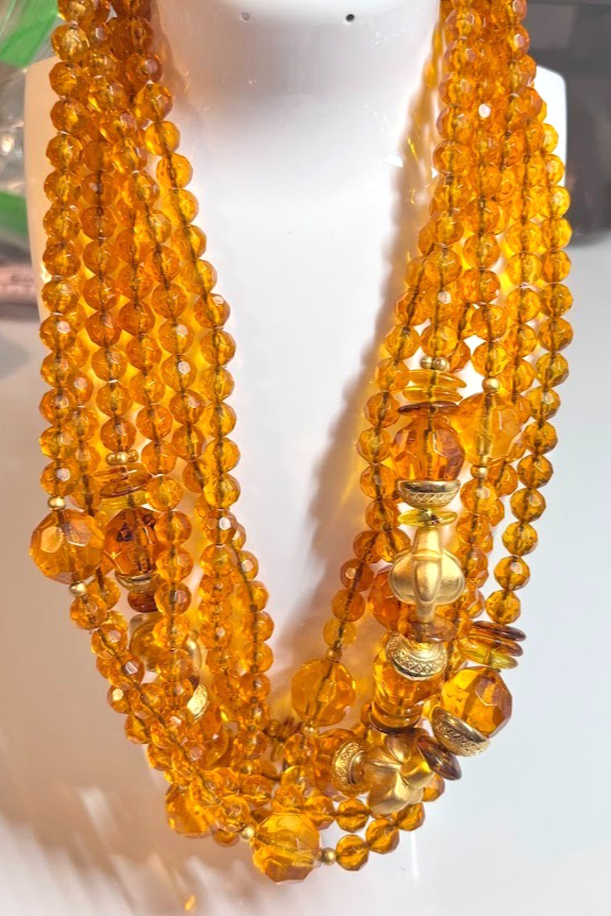 Vintage Multi Strand Amber Topaz Color Faceted Bead Necklace Gold Mid Century